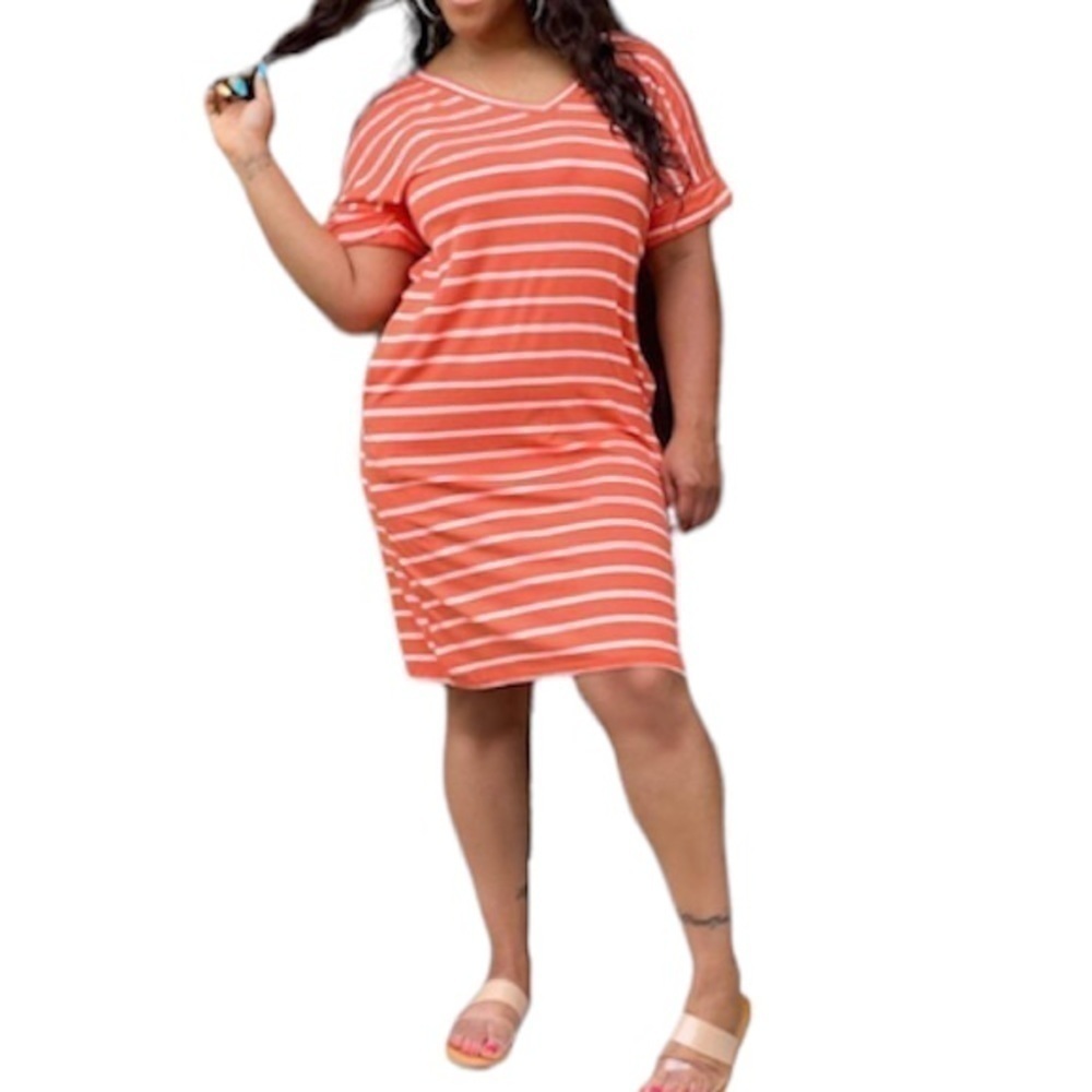 Striped dress with pockets. V-neck. Orange and white. Small. NWOT - Picture 2 of 3